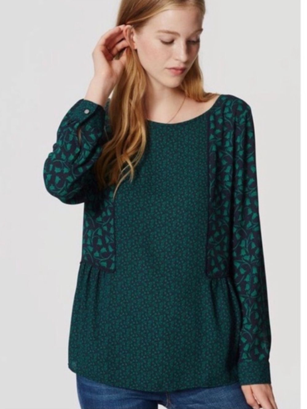 LOFT XL Navy Kelly Green Snowdrop Floral Long Sleeve Peplum Blouse